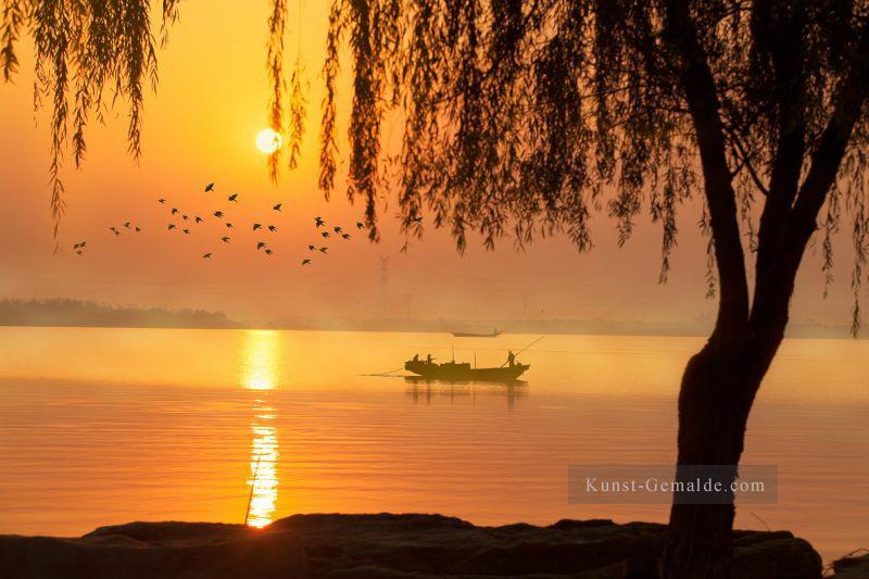 Boot in Gold Sonnenuntergang auf See Landschaftsmalerei von Fotos zu Kunst Ölgemälde